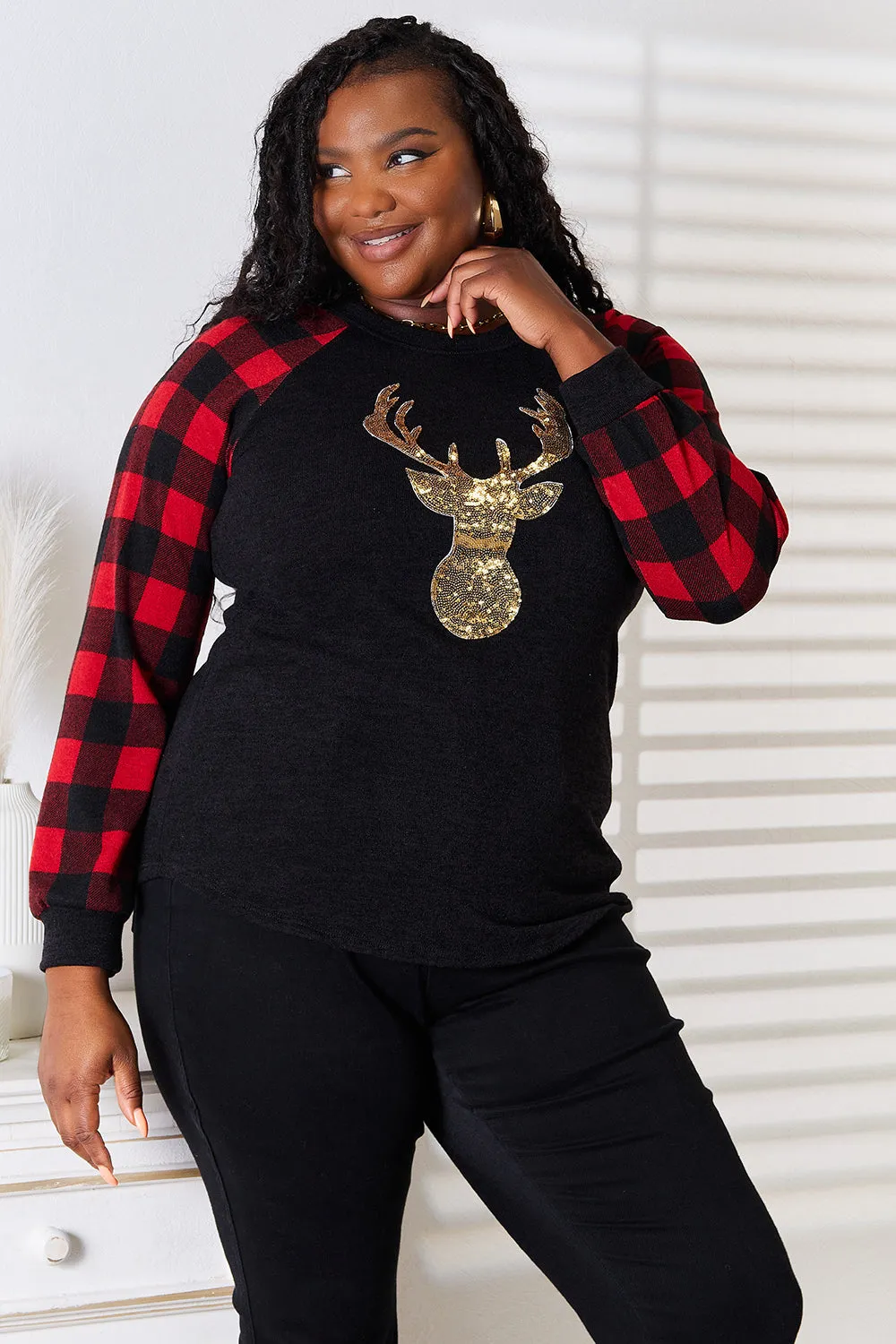 Sequin Reindeer Graphic Plaid Top - Online Exclusive