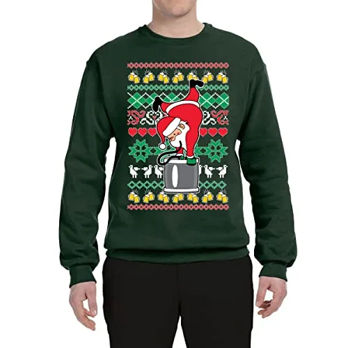 Shark & Hammer Santa Keg Stand Beer Drinking Drunk Ugly Christmas Sweater Unisex Crewneck Graphic Sweatshirt, Forest Green, Large