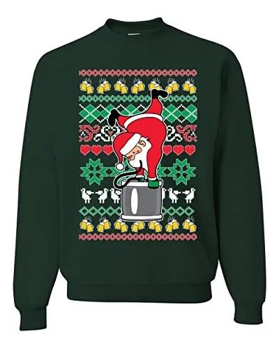 Shark & Hammer Santa Keg Stand Beer Drinking Drunk Ugly Christmas Sweater Unisex Crewneck Graphic Sweatshirt, Forest Green, Large