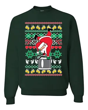Shark & Hammer Santa Keg Stand Beer Drinking Drunk Ugly Christmas Sweater Unisex Crewneck Graphic Sweatshirt, Forest Green, Large