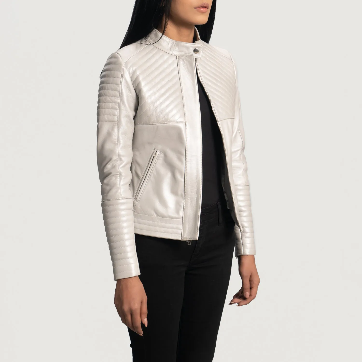 Shield Quilted Silver Leather Biker Jacket