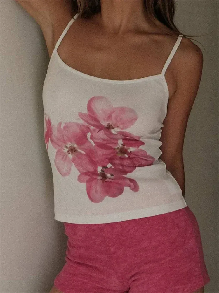 Slim Flower Print Spaghetti Strap Crop Top