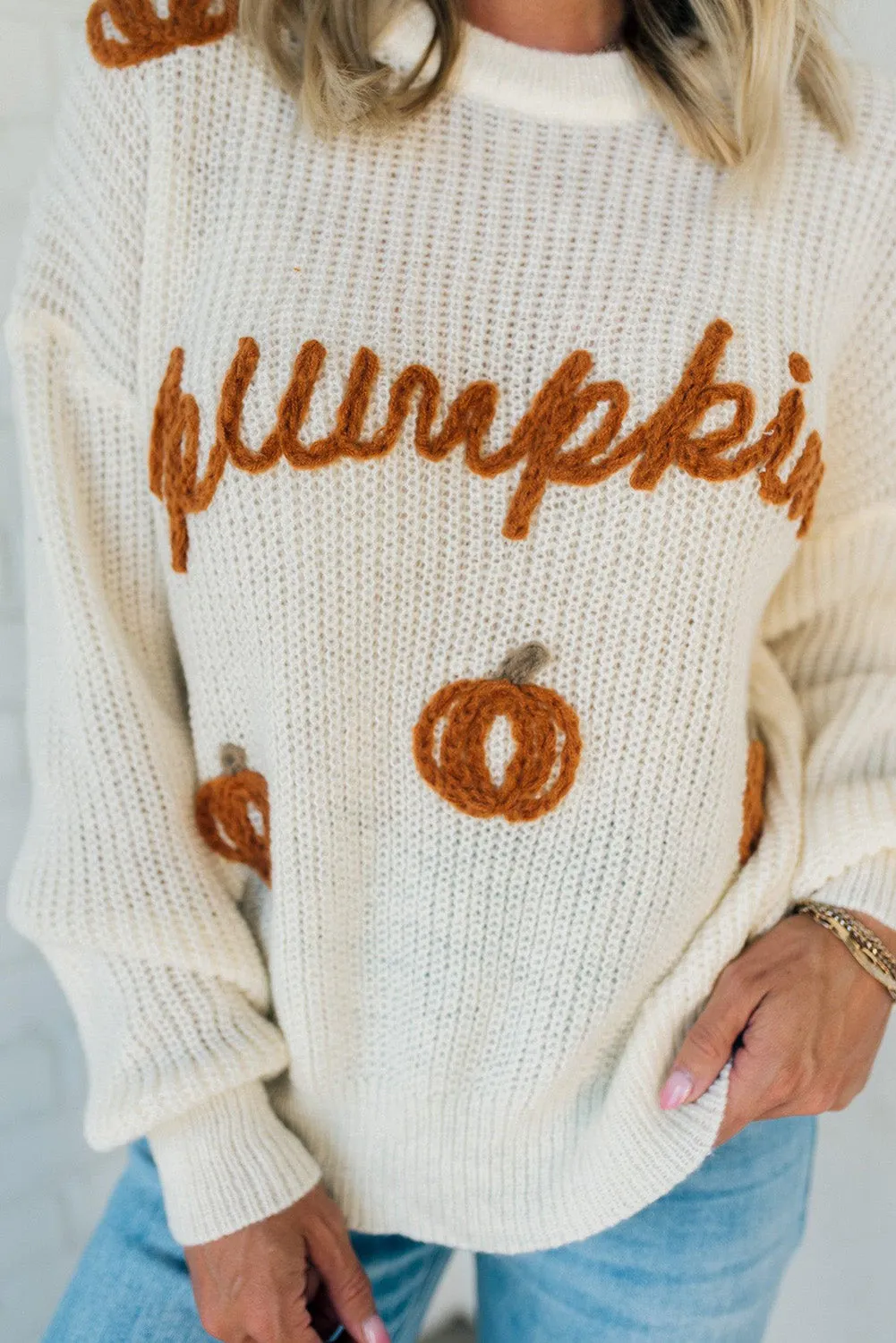 Snow White Pumpkin Chunky Crochet Drop Shoulder Sweater