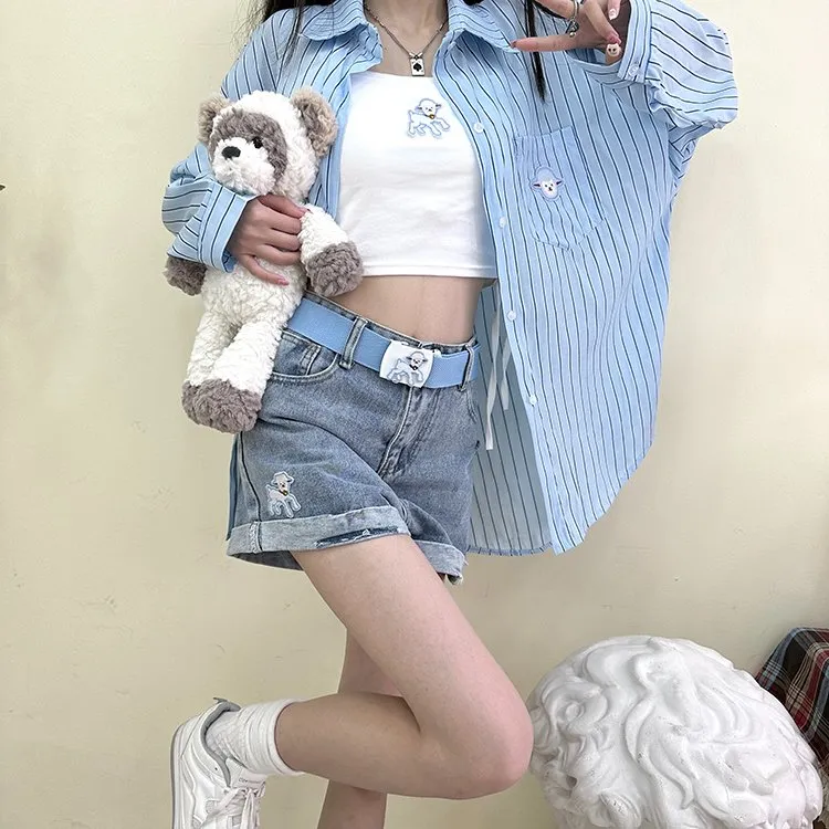 Soft Girl Style Cartoon Lamb Embroidered Denim Shorts