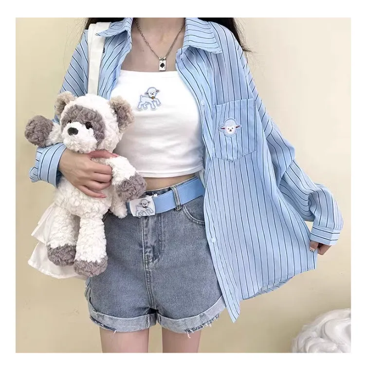 Soft Girl Style Cartoon Lamb Embroidered Denim Shorts