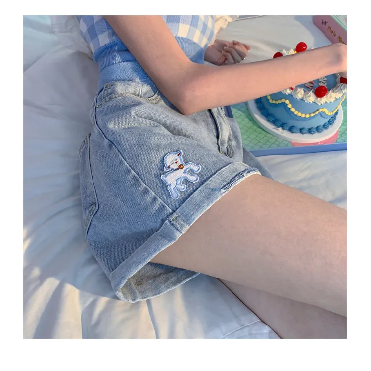 Soft Girl Style Cartoon Lamb Embroidered Denim Shorts