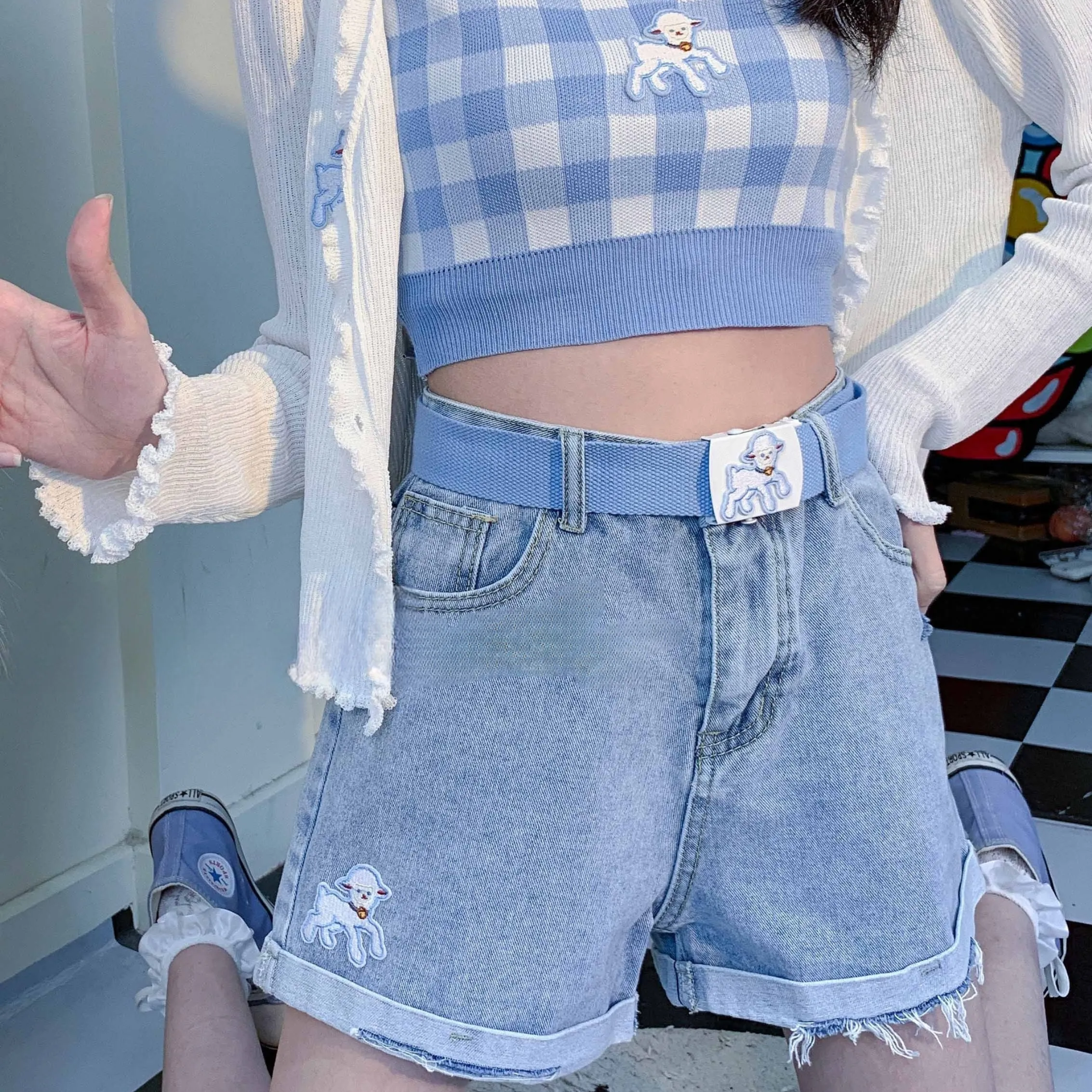 Soft Girl Style Cartoon Lamb Embroidered Denim Shorts
