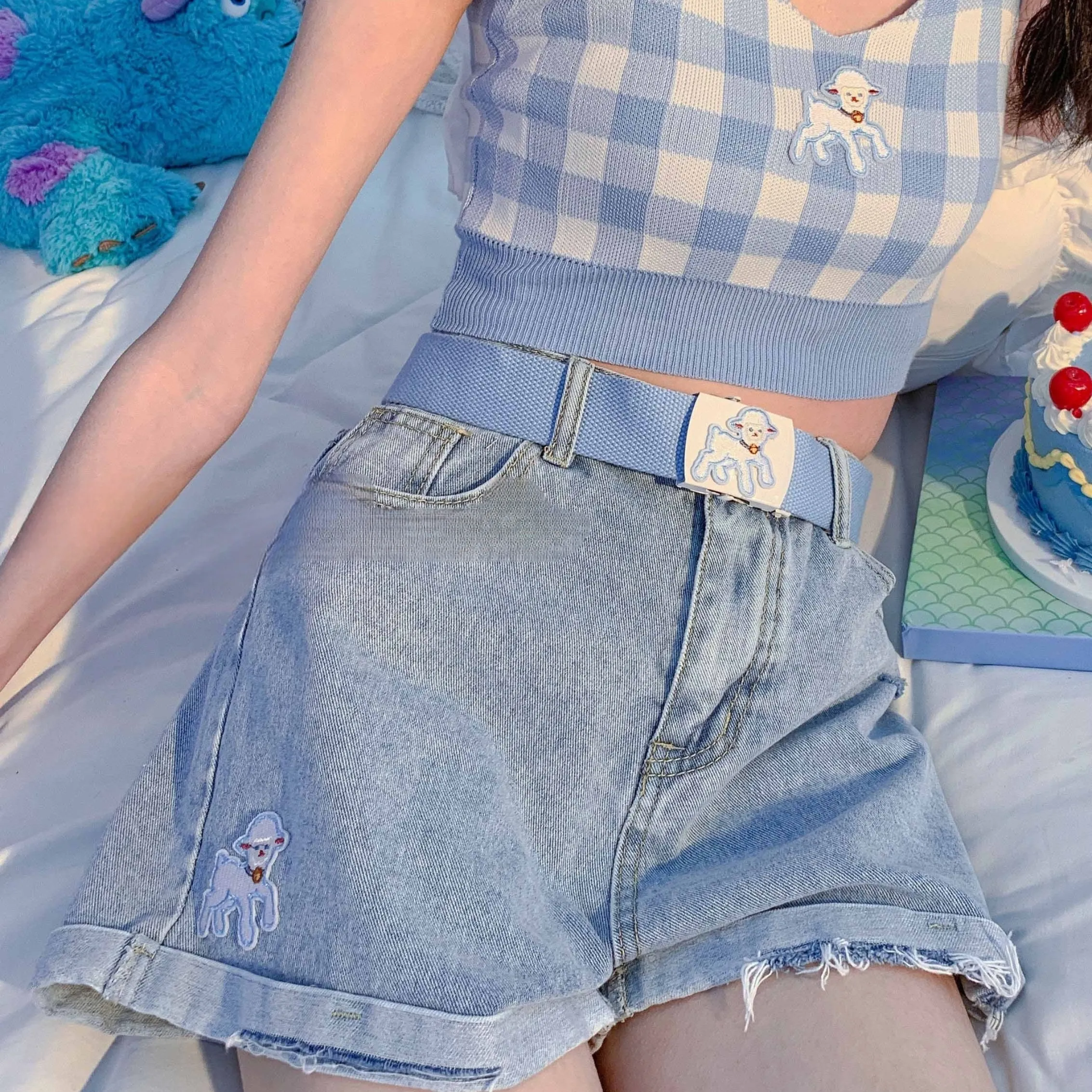 Soft Girl Style Cartoon Lamb Embroidered Denim Shorts
