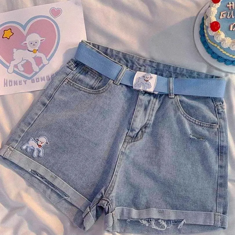 Soft Girl Style Cartoon Lamb Embroidered Denim Shorts