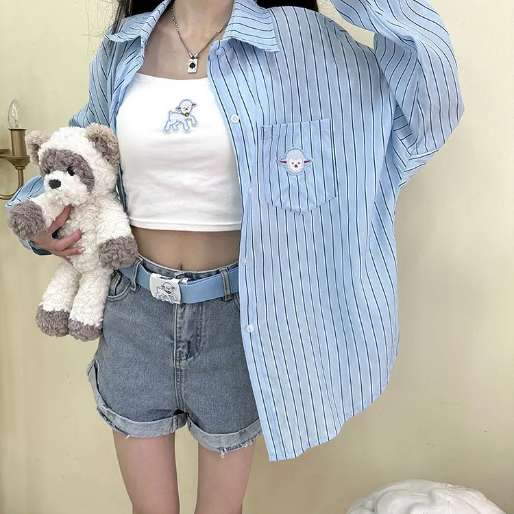 Soft Girl Style Cartoon Lamb Embroidered Denim Shorts