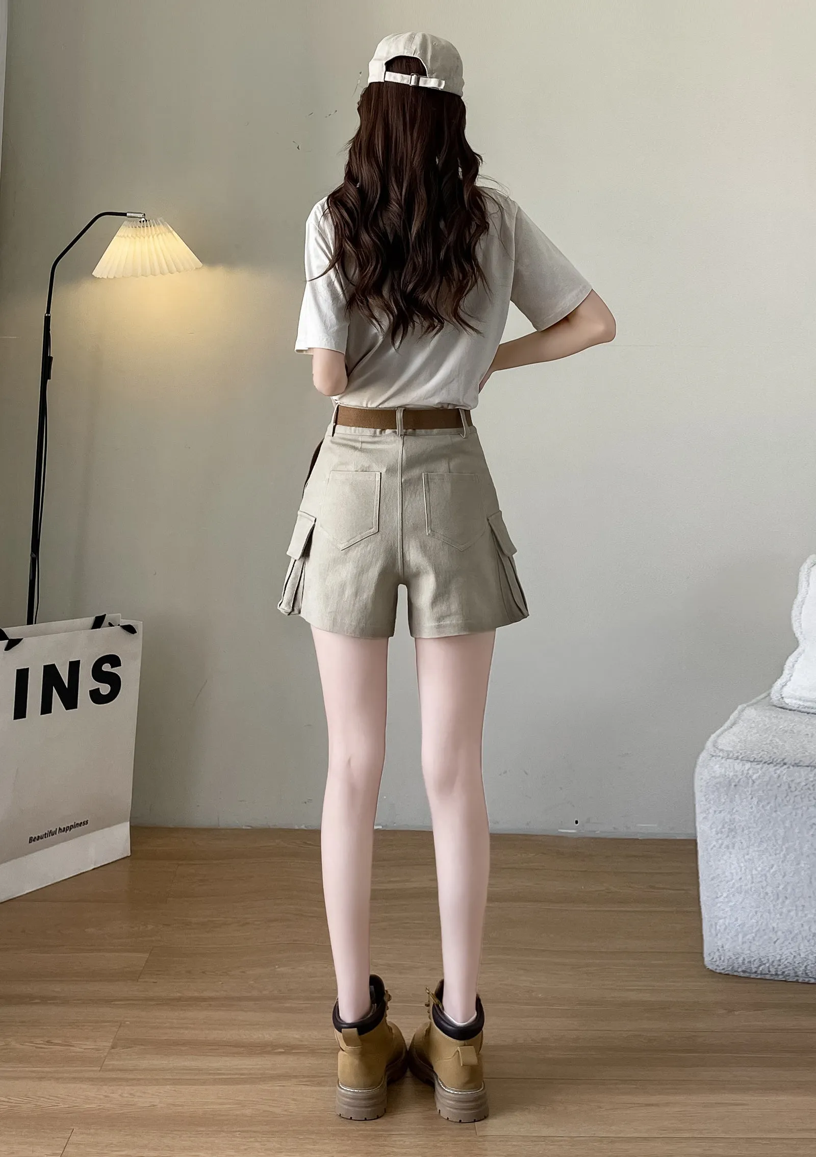Solid High-rise Cargo Denim Shorts with a Belted Waist