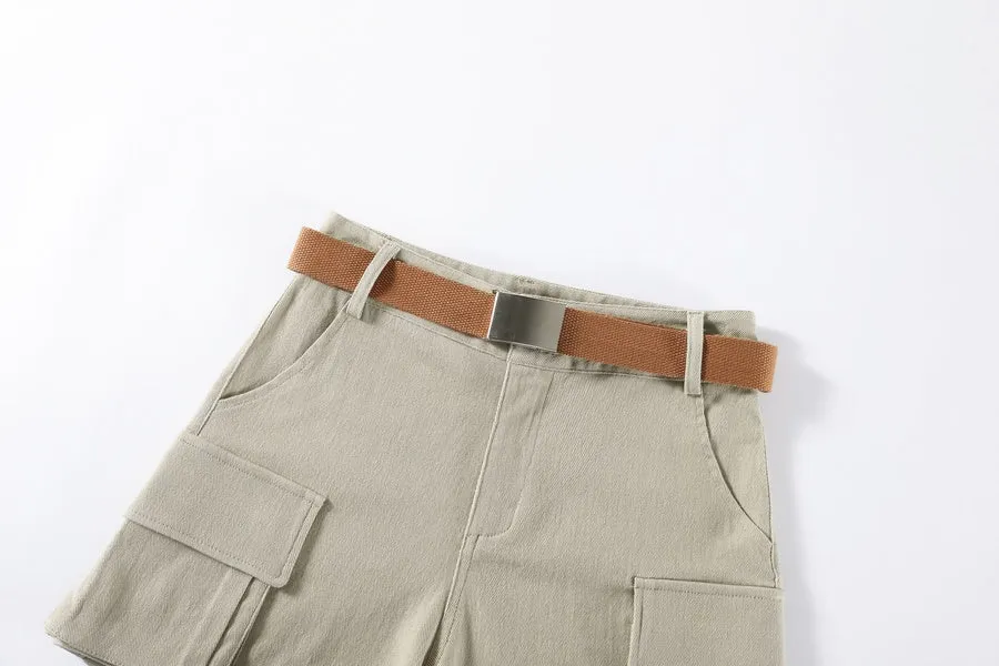 Solid High-rise Cargo Denim Shorts with a Belted Waist