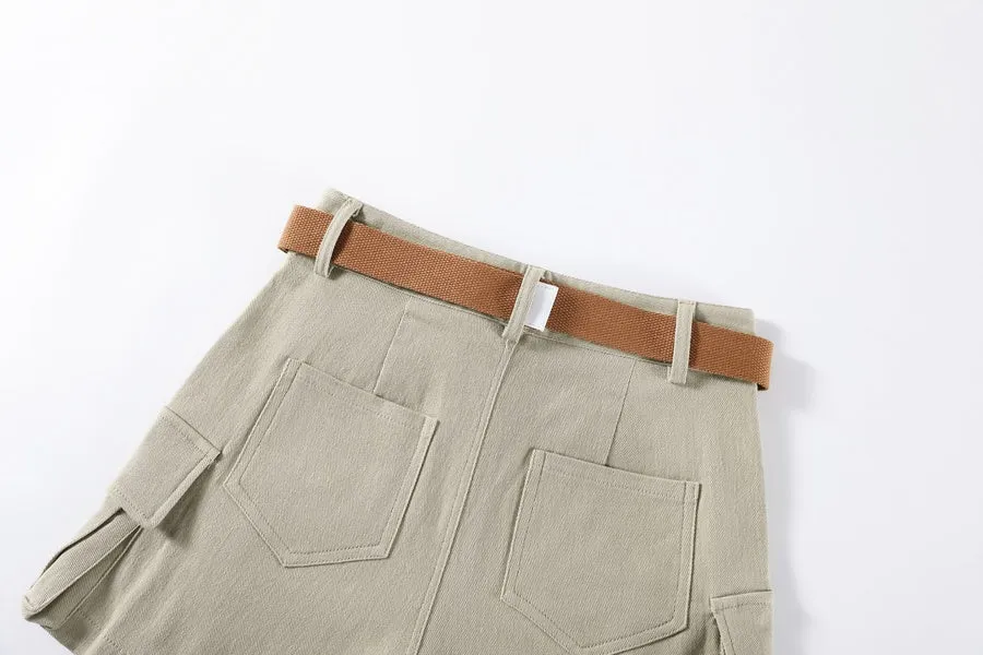 Solid High-rise Cargo Denim Shorts with a Belted Waist