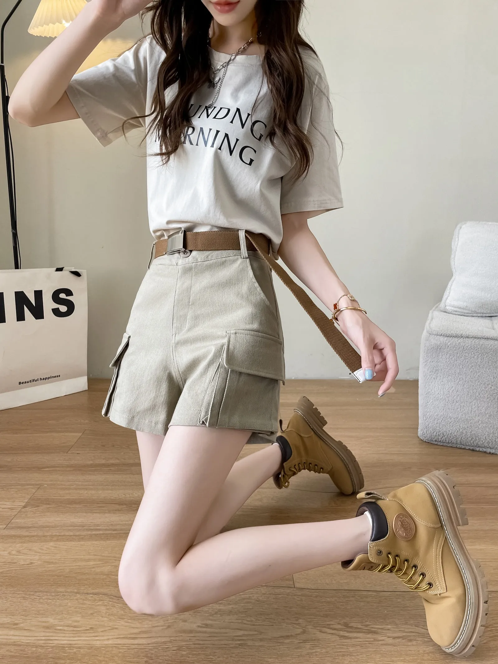 Solid High-rise Cargo Denim Shorts with a Belted Waist