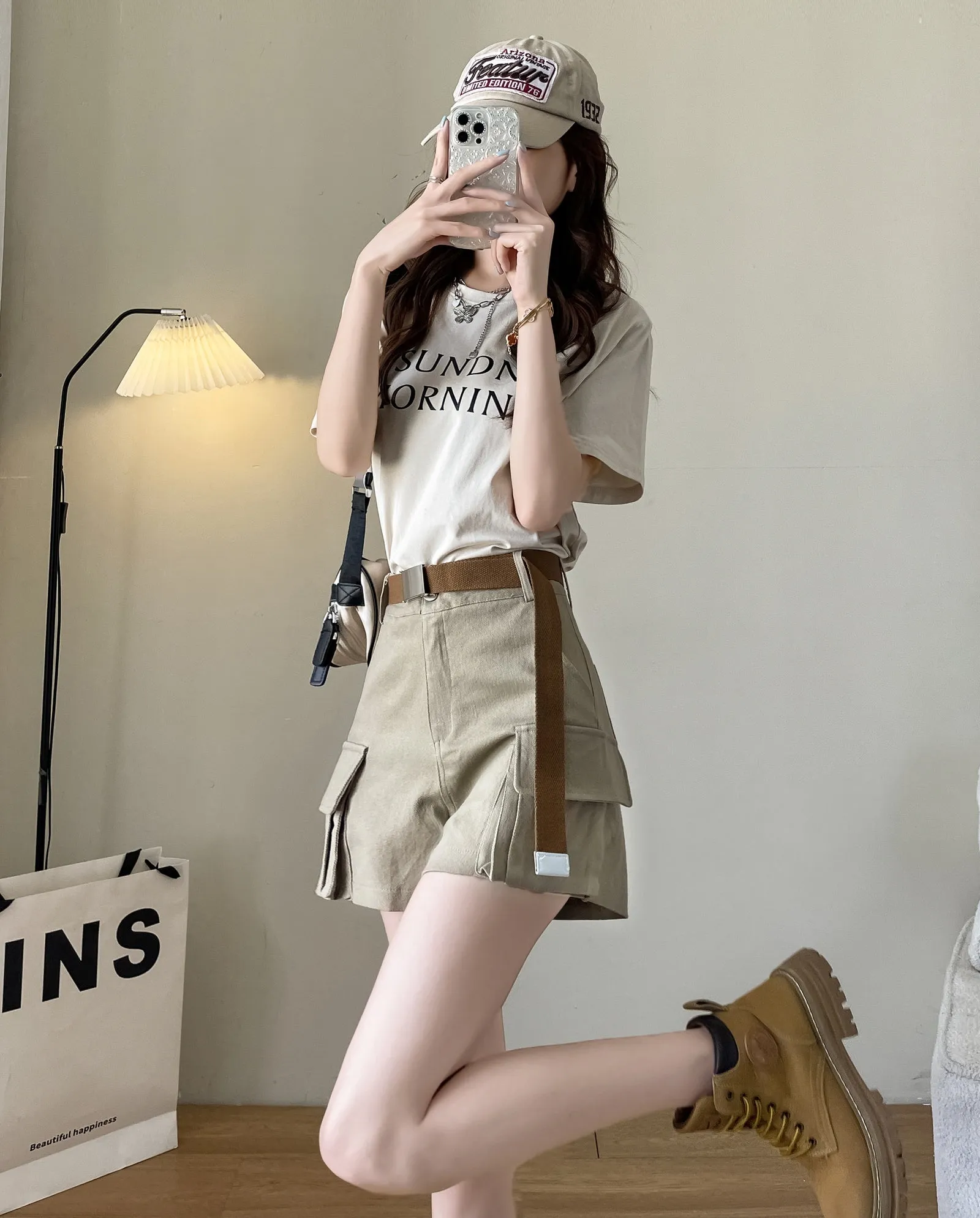 Solid High-rise Cargo Denim Shorts with a Belted Waist