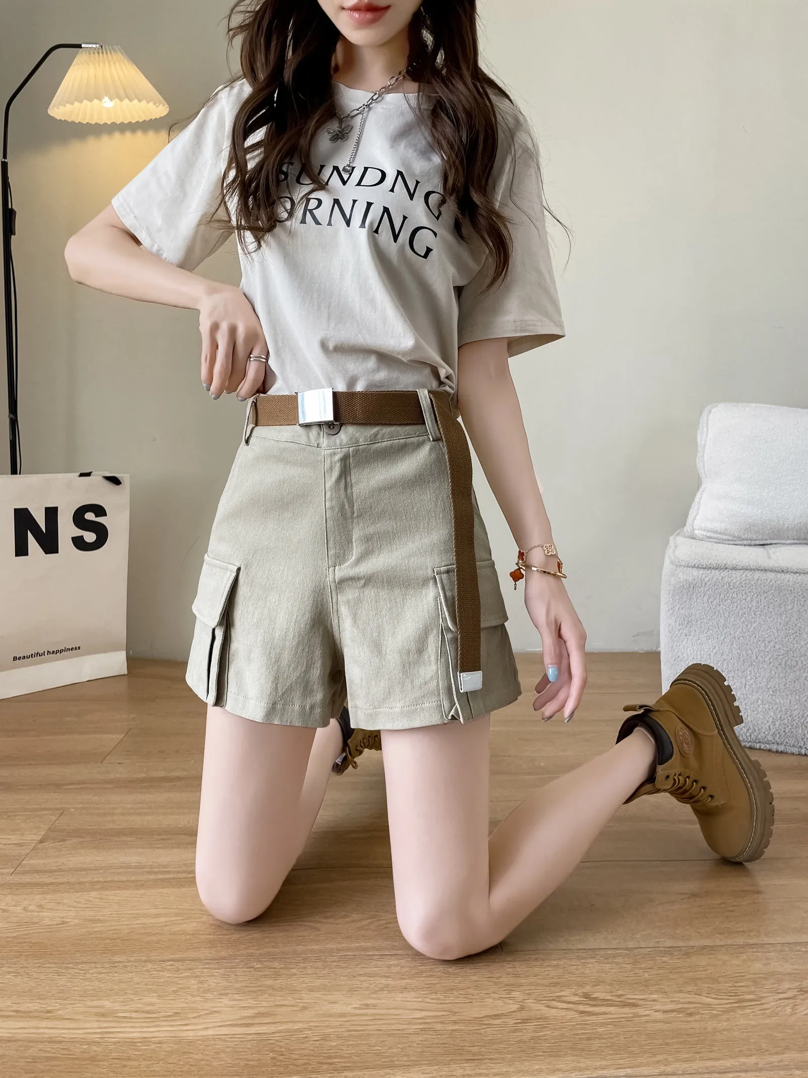 Solid High-rise Cargo Denim Shorts with a Belted Waist