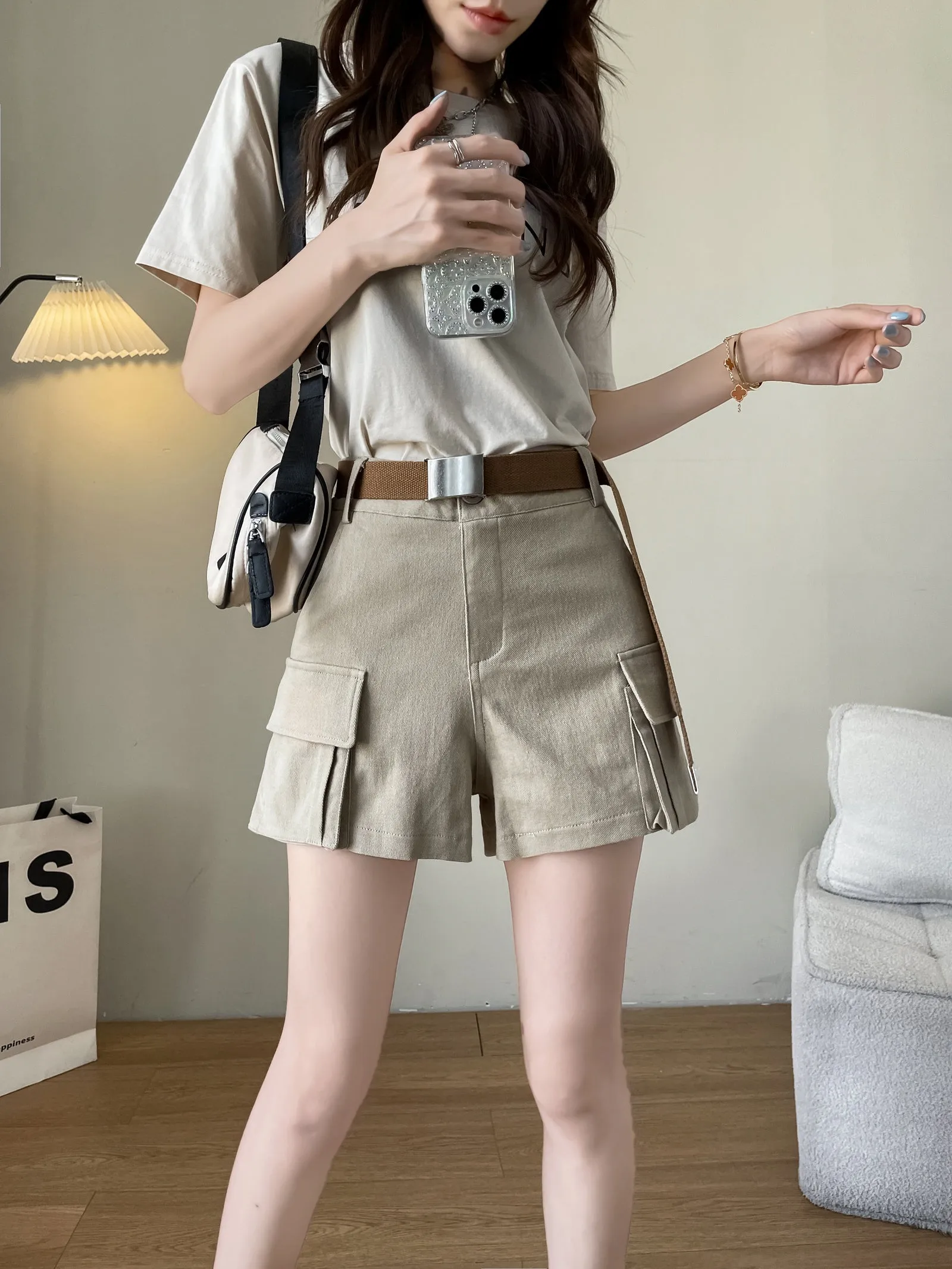 Solid High-rise Cargo Denim Shorts with a Belted Waist