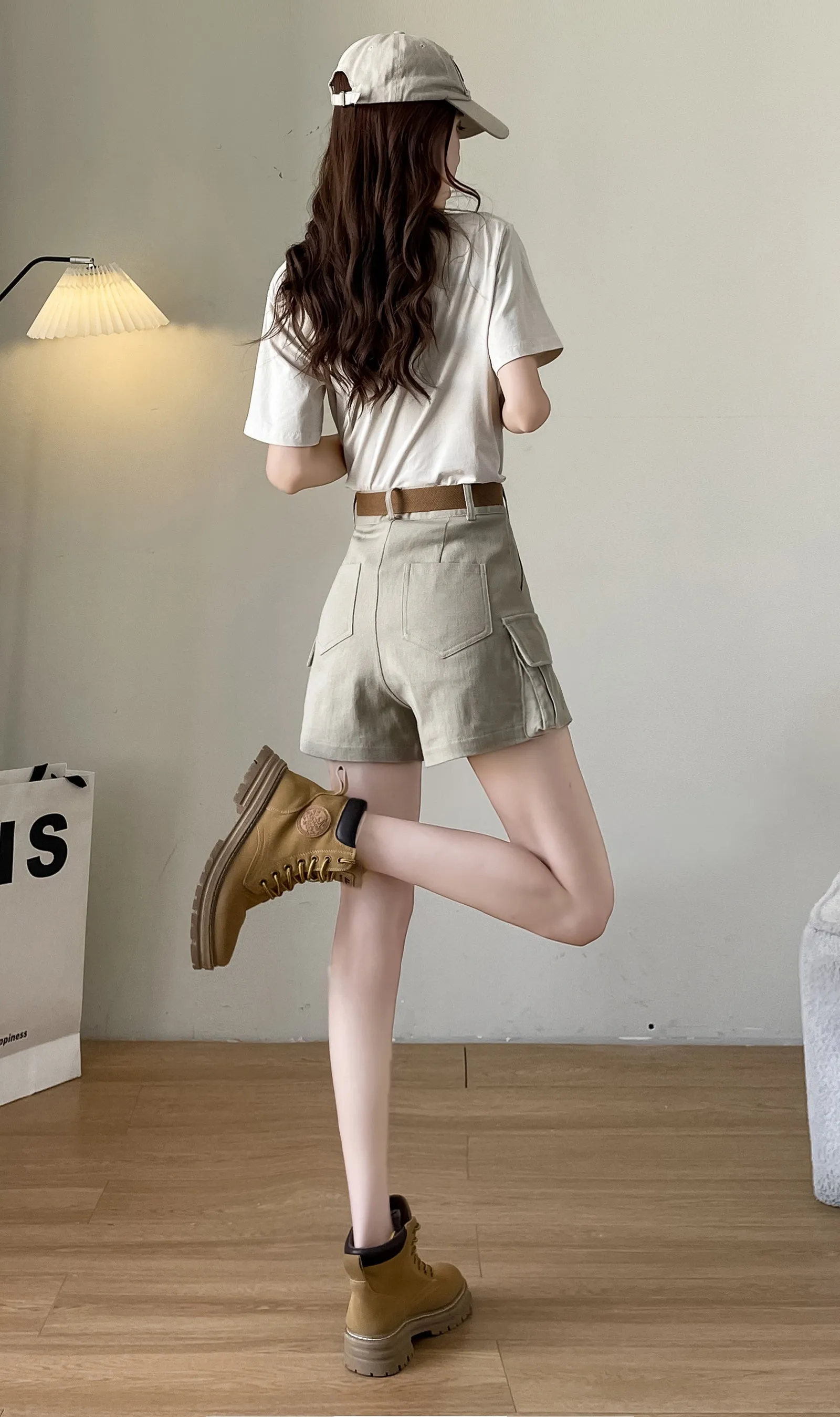 Solid High-rise Cargo Denim Shorts with a Belted Waist