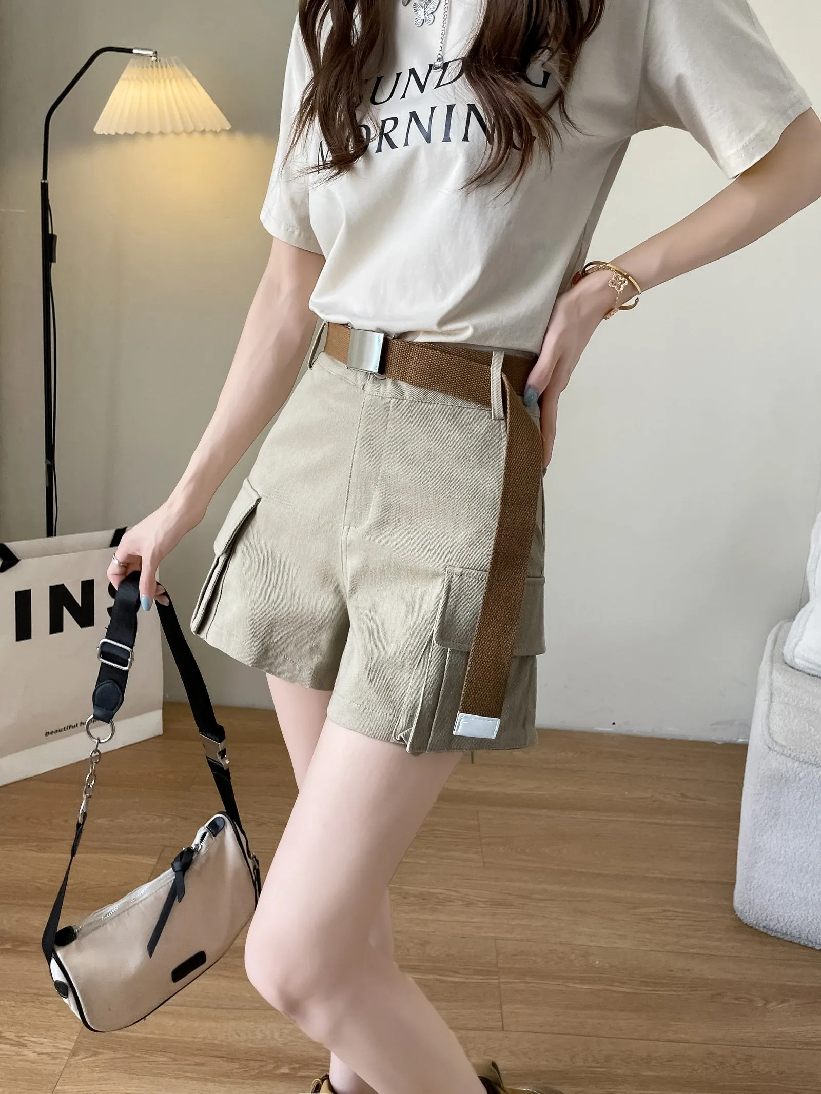 Solid High-rise Cargo Denim Shorts with a Belted Waist