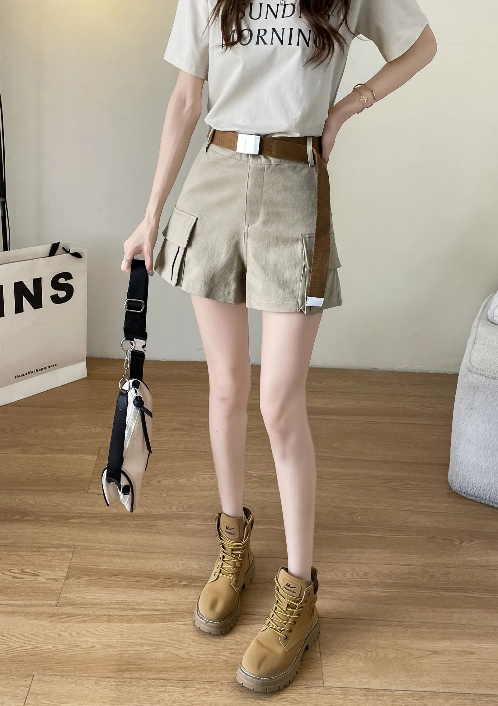 Solid High-rise Cargo Denim Shorts with a Belted Waist