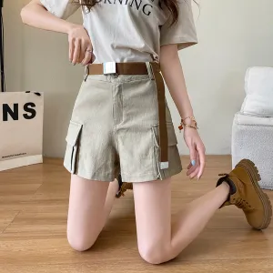Solid High-rise Cargo Denim Shorts with a Belted Waist