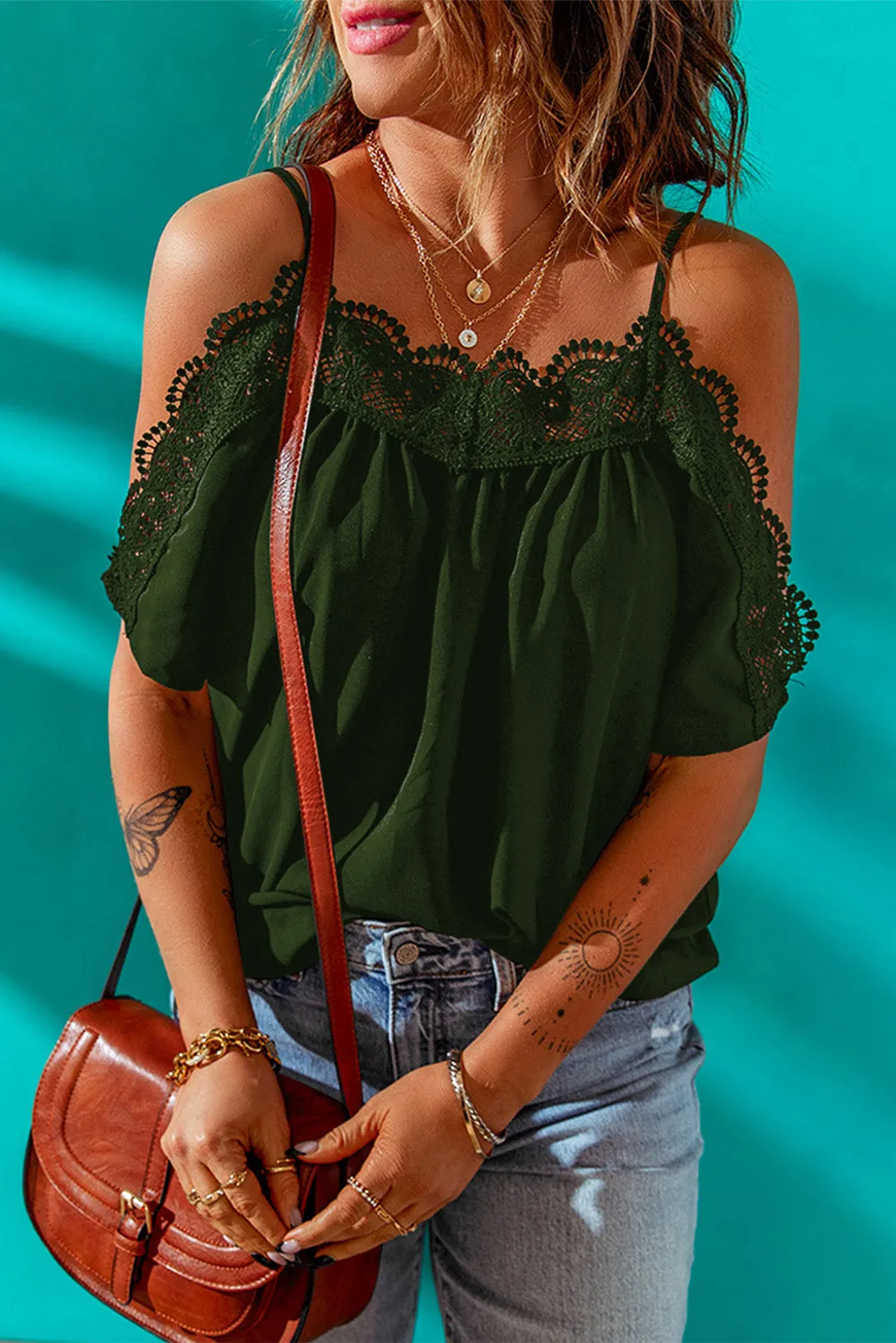 Spaghetti Strap Cold-Shoulder Lace Trim Blouse (3 Colors)
