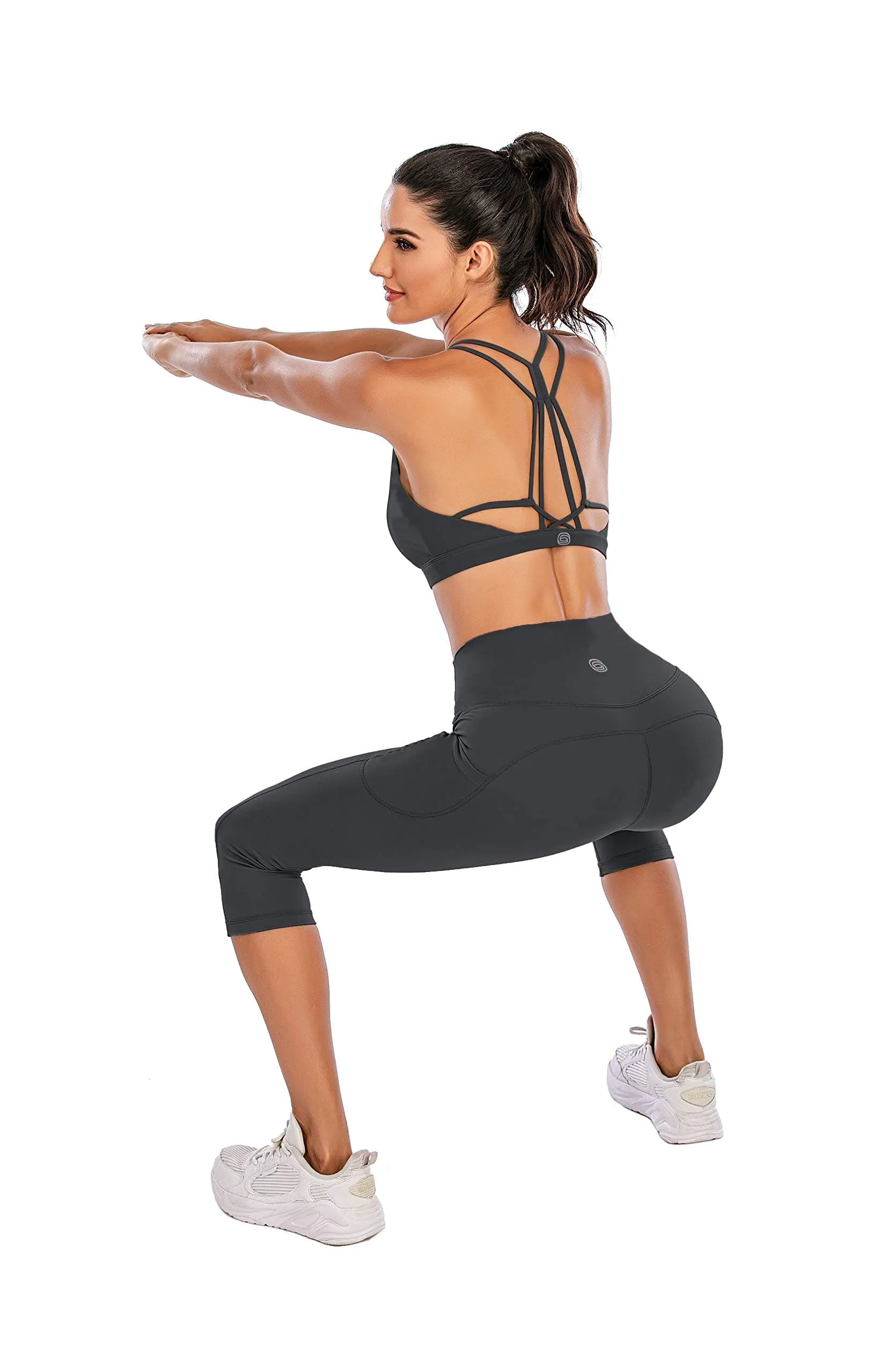Steppe Naked Feeling High Waisted Yoga Pants Women's Workout Capris Leggings with Pockets Tummy Control Buttery Soft Running Compression Capris for Athletic Gym Exercise Fitness Dark Grey