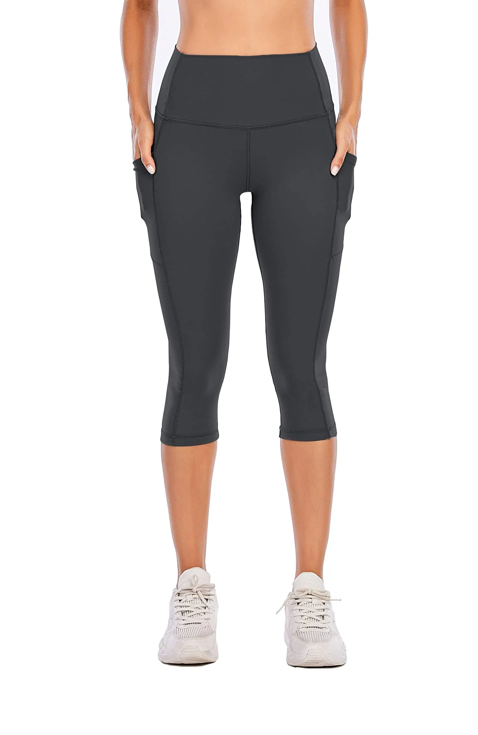 Steppe Naked Feeling High Waisted Yoga Pants Women's Workout Capris Leggings with Pockets Tummy Control Buttery Soft Running Compression Capris for Athletic Gym Exercise Fitness Dark Grey