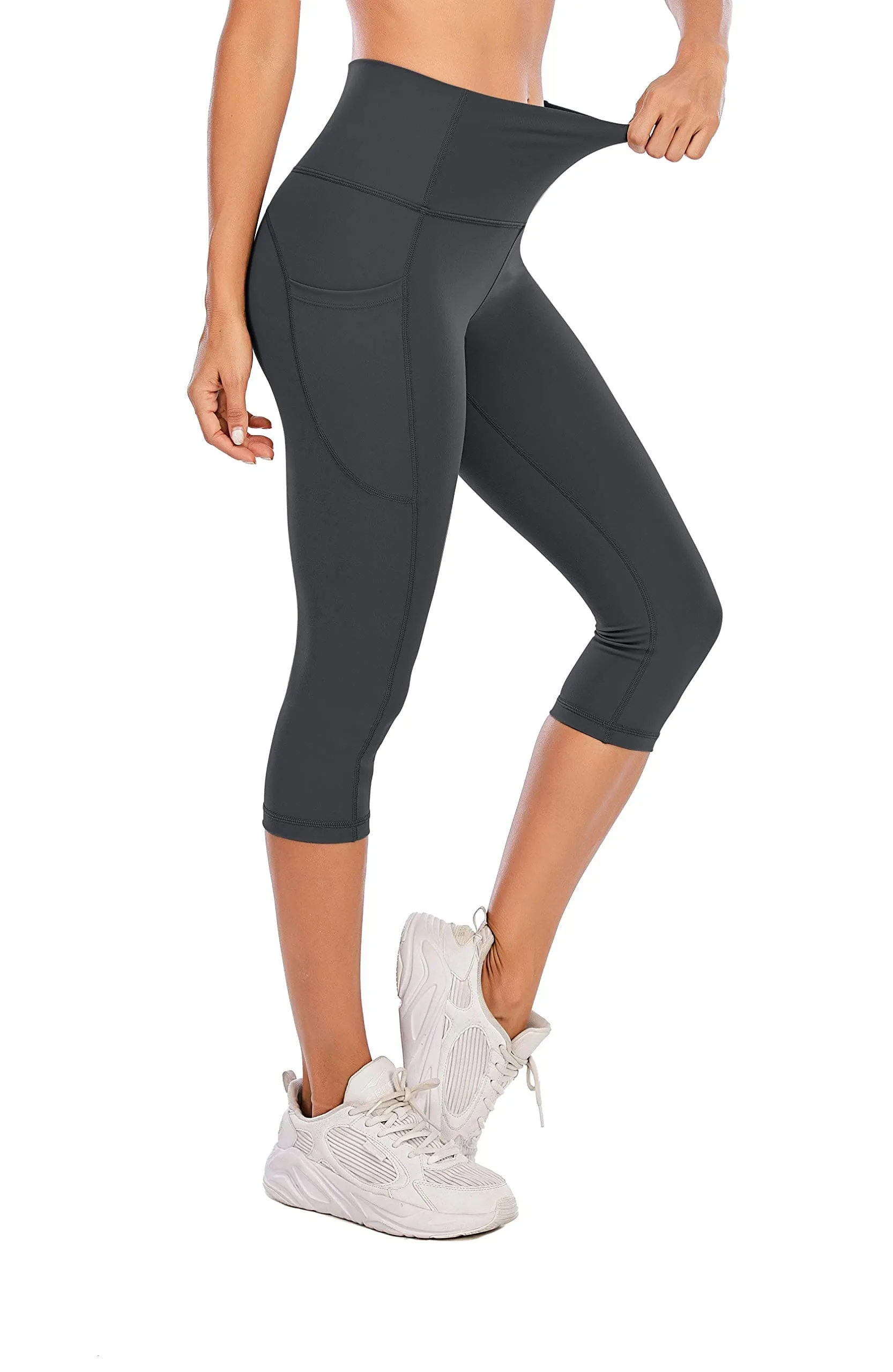 Steppe Naked Feeling High Waisted Yoga Pants Women's Workout Capris Leggings with Pockets Tummy Control Buttery Soft Running Compression Capris for Athletic Gym Exercise Fitness Dark Grey