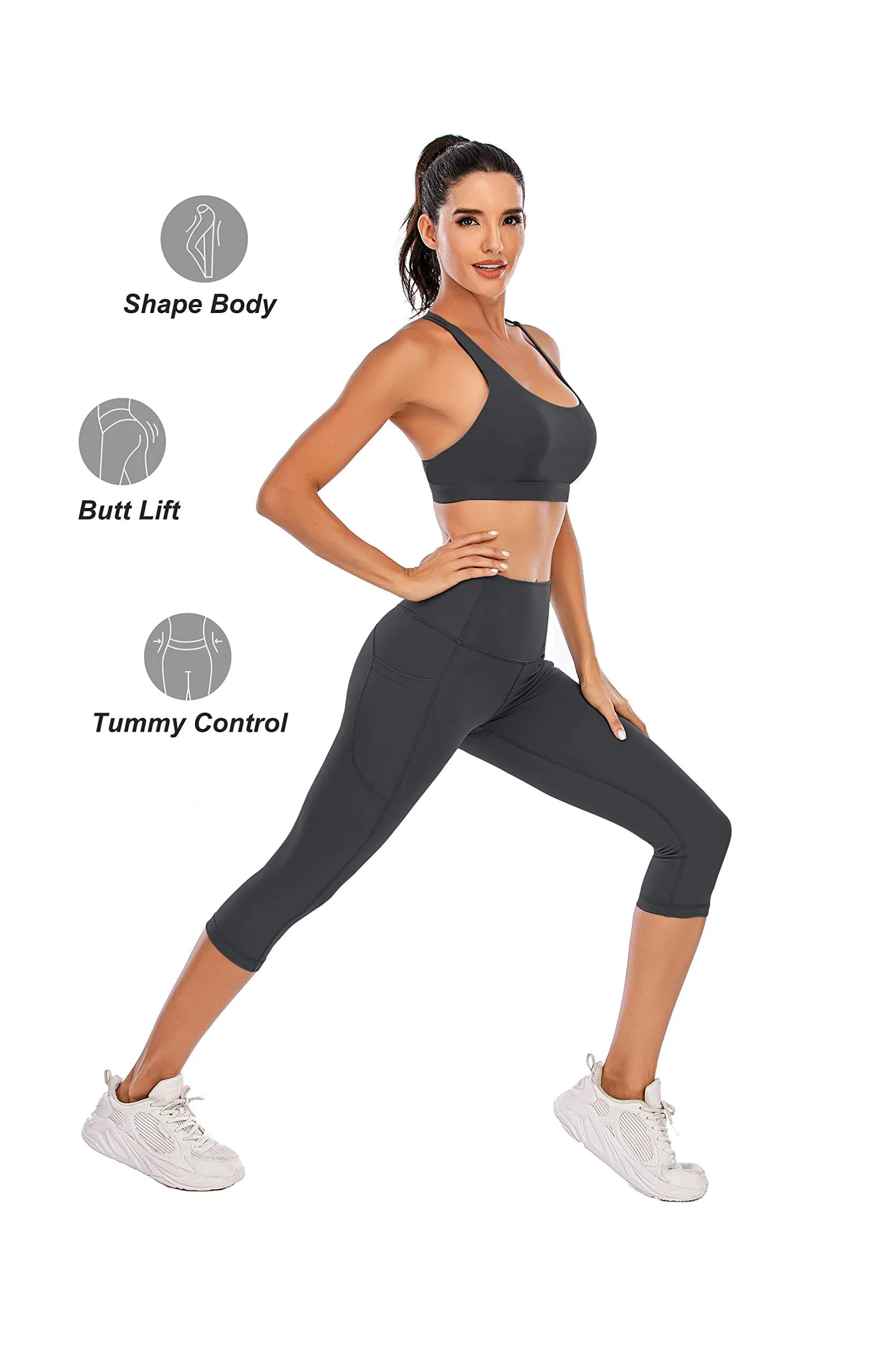 Steppe Naked Feeling High Waisted Yoga Pants Women's Workout Capris Leggings with Pockets Tummy Control Buttery Soft Running Compression Capris for Athletic Gym Exercise Fitness Dark Grey