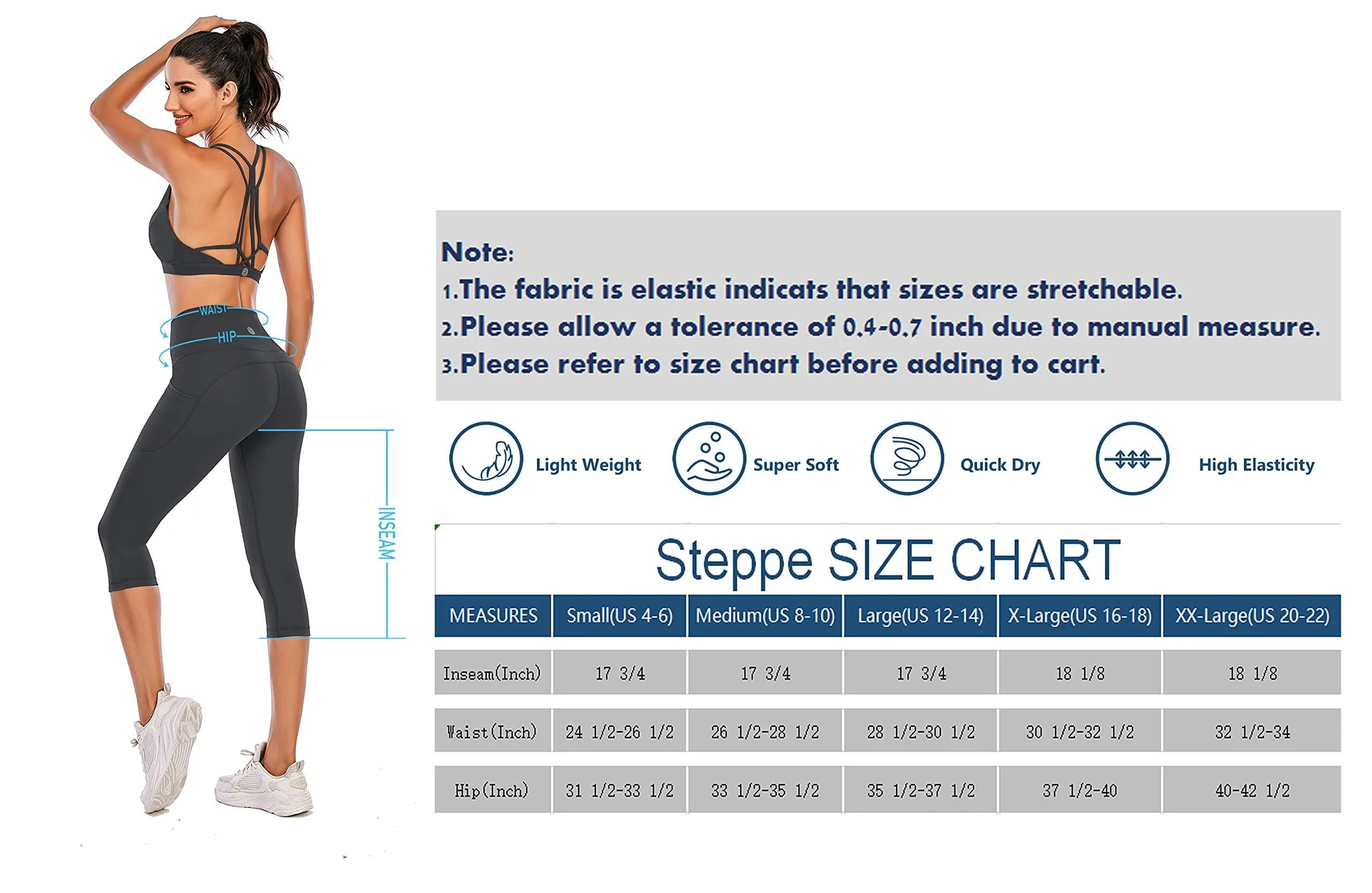 Steppe Naked Feeling High Waisted Yoga Pants Women's Workout Capris Leggings with Pockets Tummy Control Buttery Soft Running Compression Capris for Athletic Gym Exercise Fitness Dark Grey