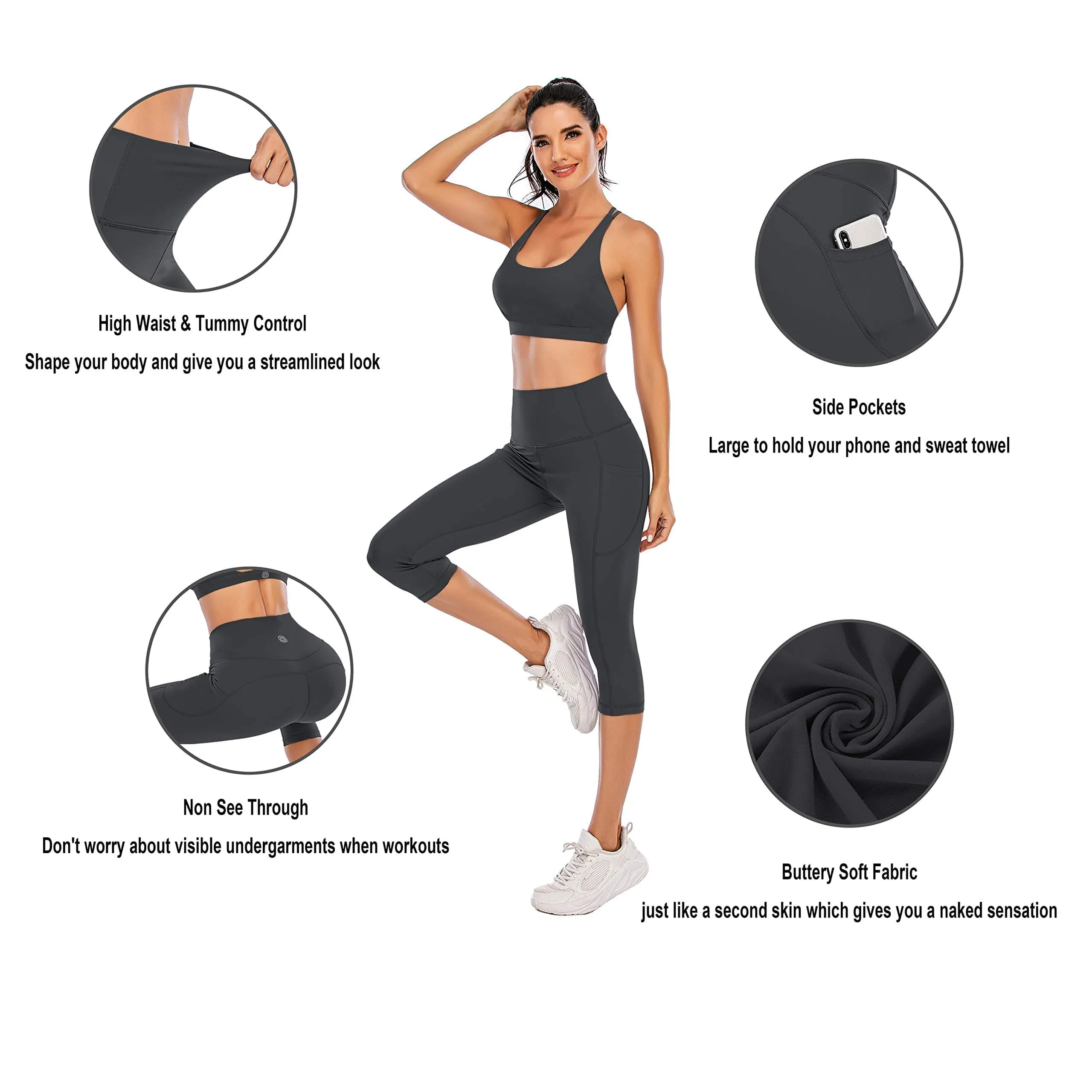 Steppe Naked Feeling High Waisted Yoga Pants Women's Workout Capris Leggings with Pockets Tummy Control Buttery Soft Running Compression Capris for Athletic Gym Exercise Fitness Dark Grey
