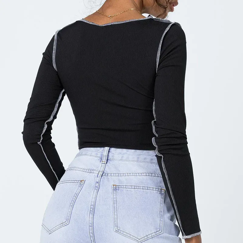 Stitch It Up Long Sleeve V-Neck Crop Top