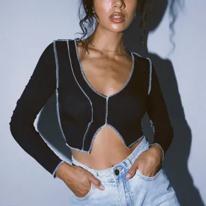Stitch It Up Long Sleeve V-Neck Crop Top
