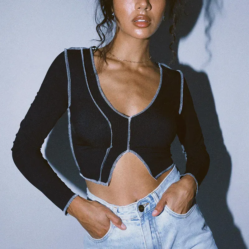 Stitch It Up Long Sleeve V-Neck Crop Top