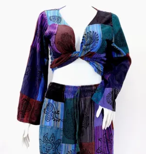 Sun Patchwork Bell Sleeve Crop Top Purple