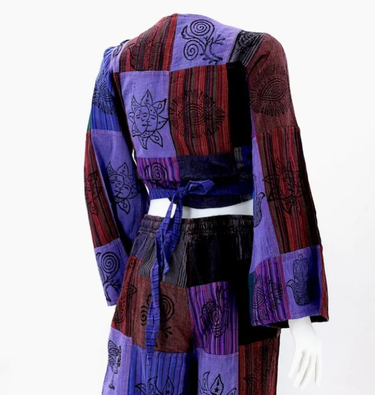 Sun Patchwork Bell Sleeve Crop Top Purple