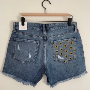 Sunflower Hand Painted Denim Shorts NWT Just Black Denim Large