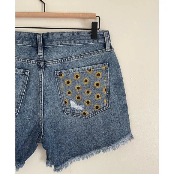 Sunflower Hand Painted Denim Shorts NWT Just Black Denim Large