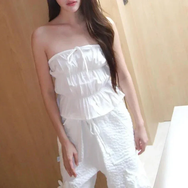 Sweet Ruched Tie Up Off Shoulder Sleeveless Slim Fit Y2K Strapless Crop Top
