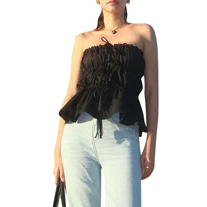 Sweet Ruched Tie Up Off Shoulder Sleeveless Slim Fit Y2K Strapless Crop Top