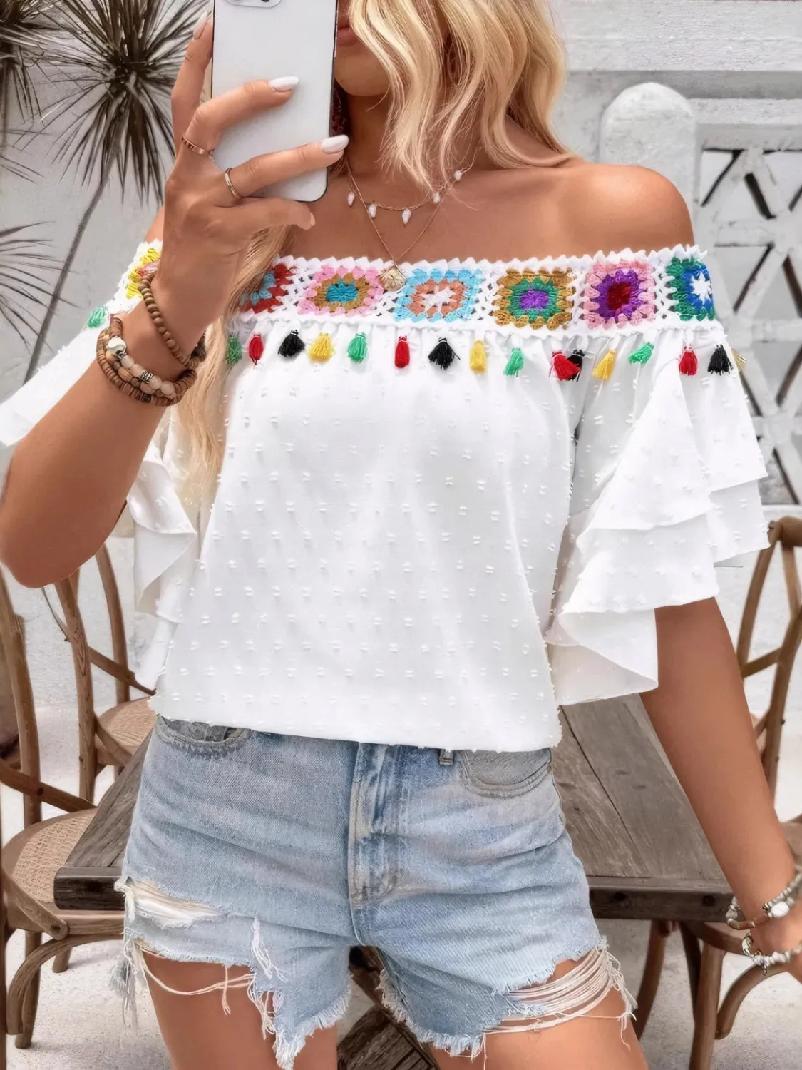 Swiss Dot Off-Shoulder Blouse