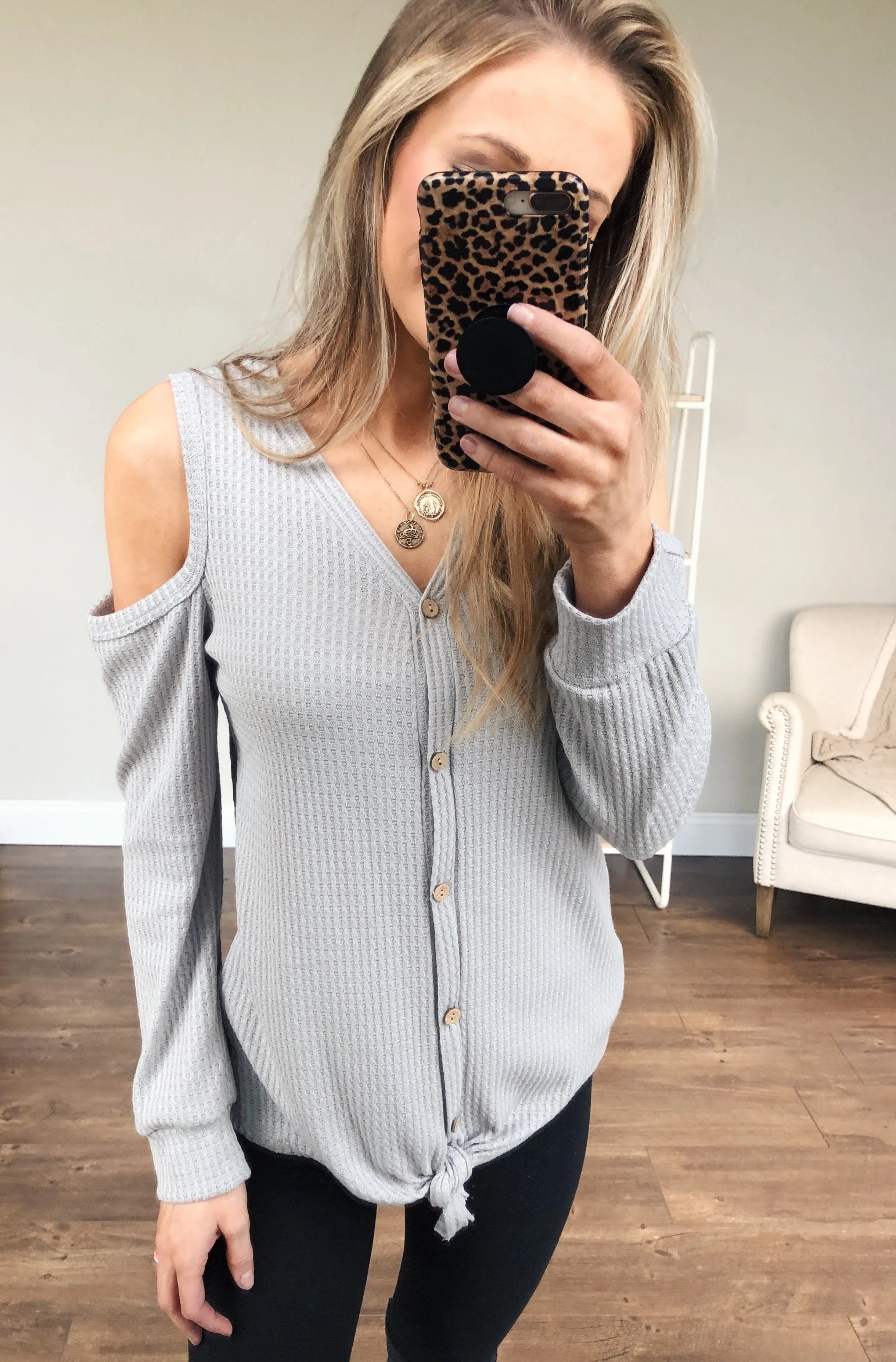 Take A Hint Cold Shoulder Thermal Top- Grey