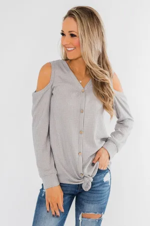 Take A Hint Cold Shoulder Thermal Top- Grey