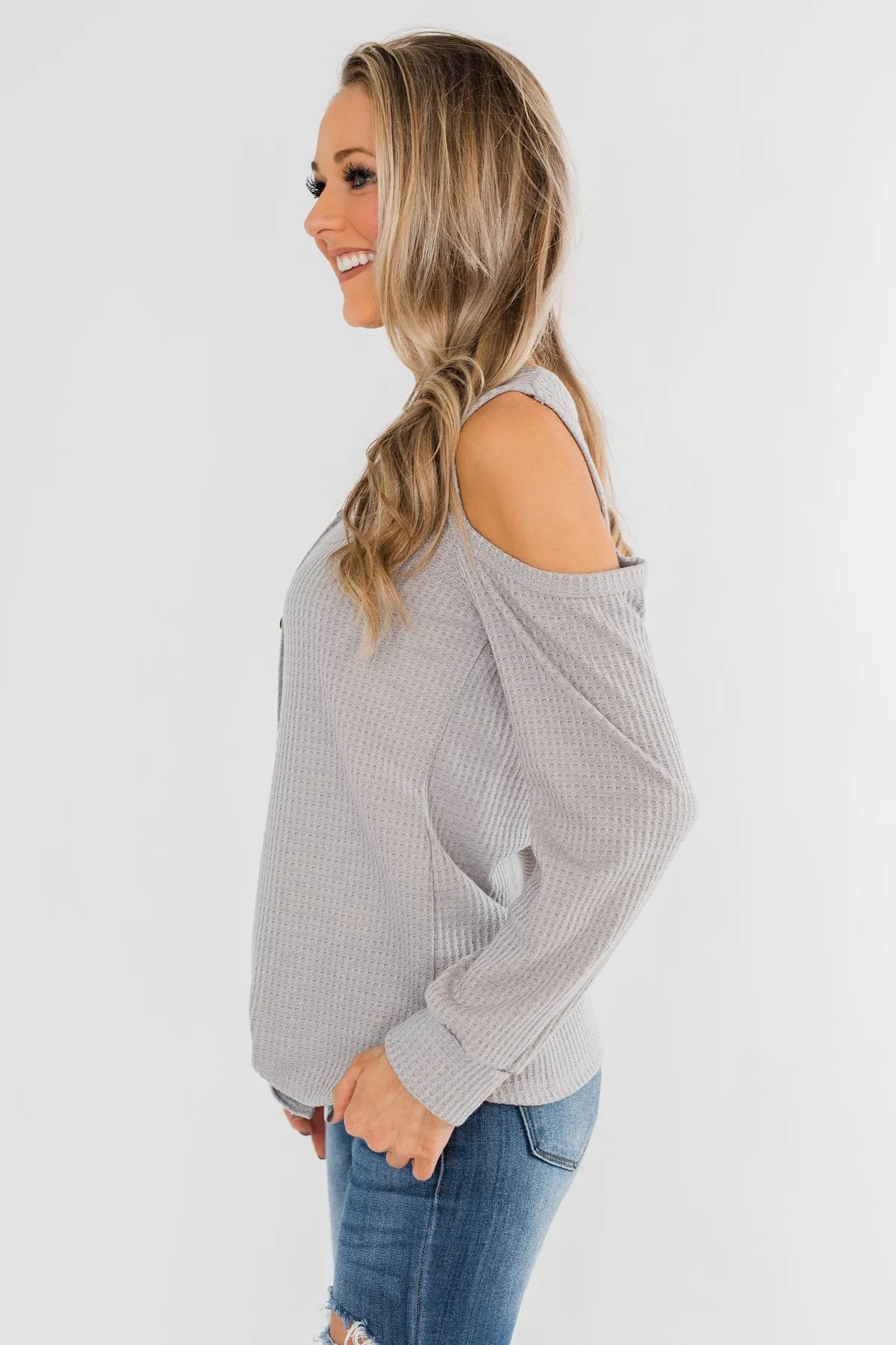 Take A Hint Cold Shoulder Thermal Top- Grey
