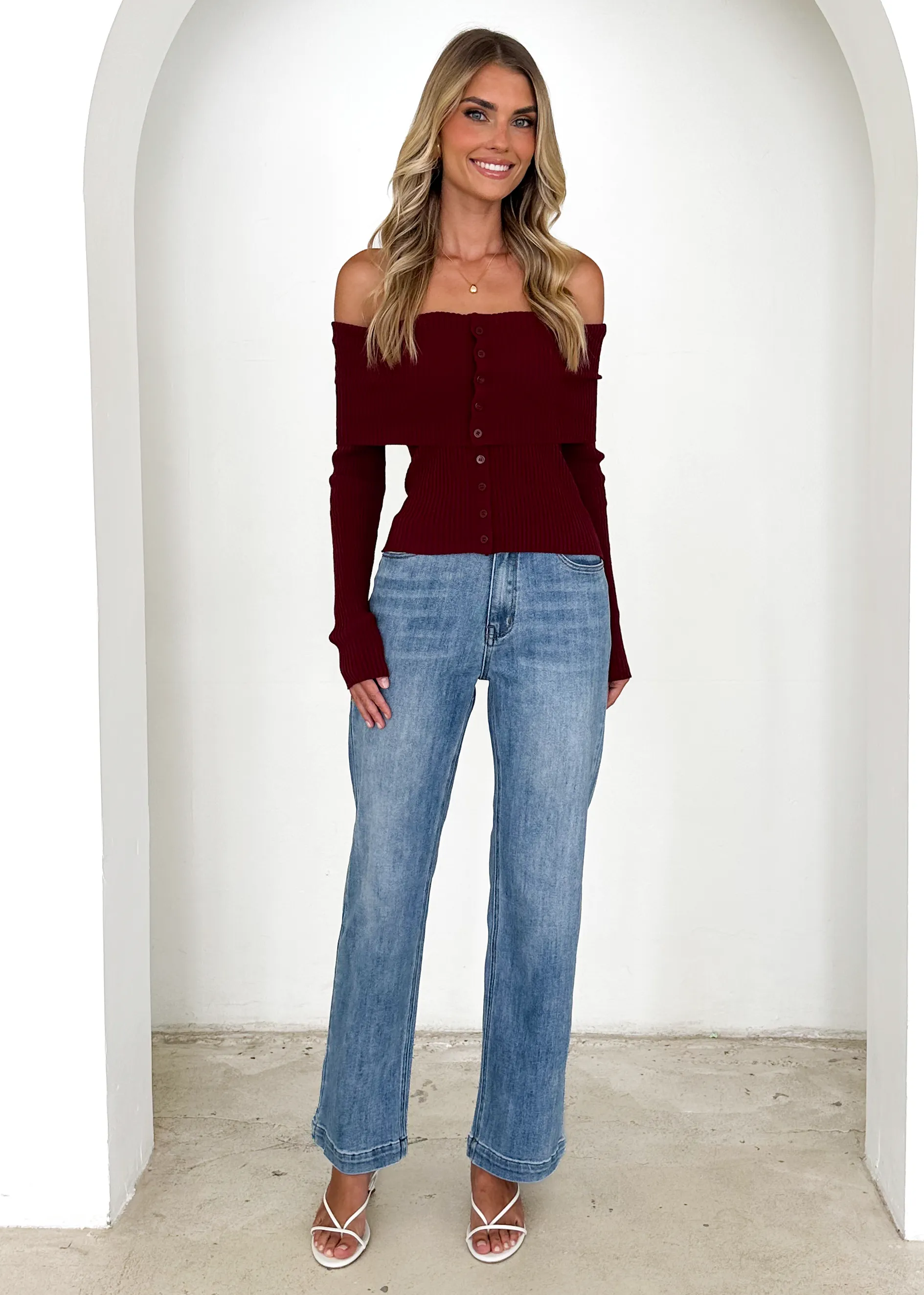 Talulah Off Shoulder Knit Top - Wine