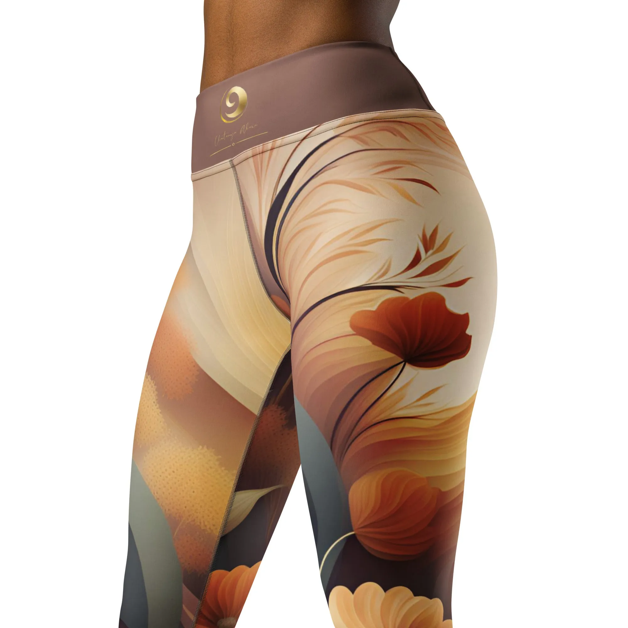 Tan and Gray Chaitanya Abara Fall Floral Print Yoga Leggings w Brown Band
