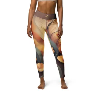 Tan and Gray Chaitanya Abara Fall Floral Print Yoga Leggings w Brown Band
