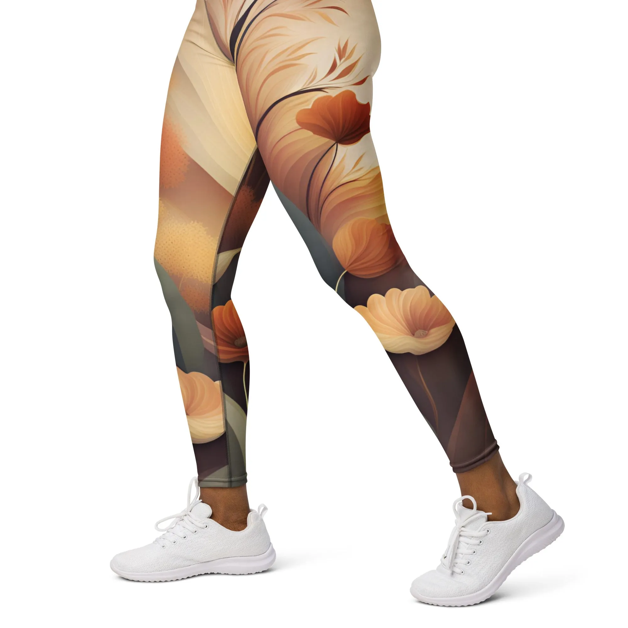 Tan and Gray Chaitanya Abara Fall Floral Print Yoga Leggings w Brown Band