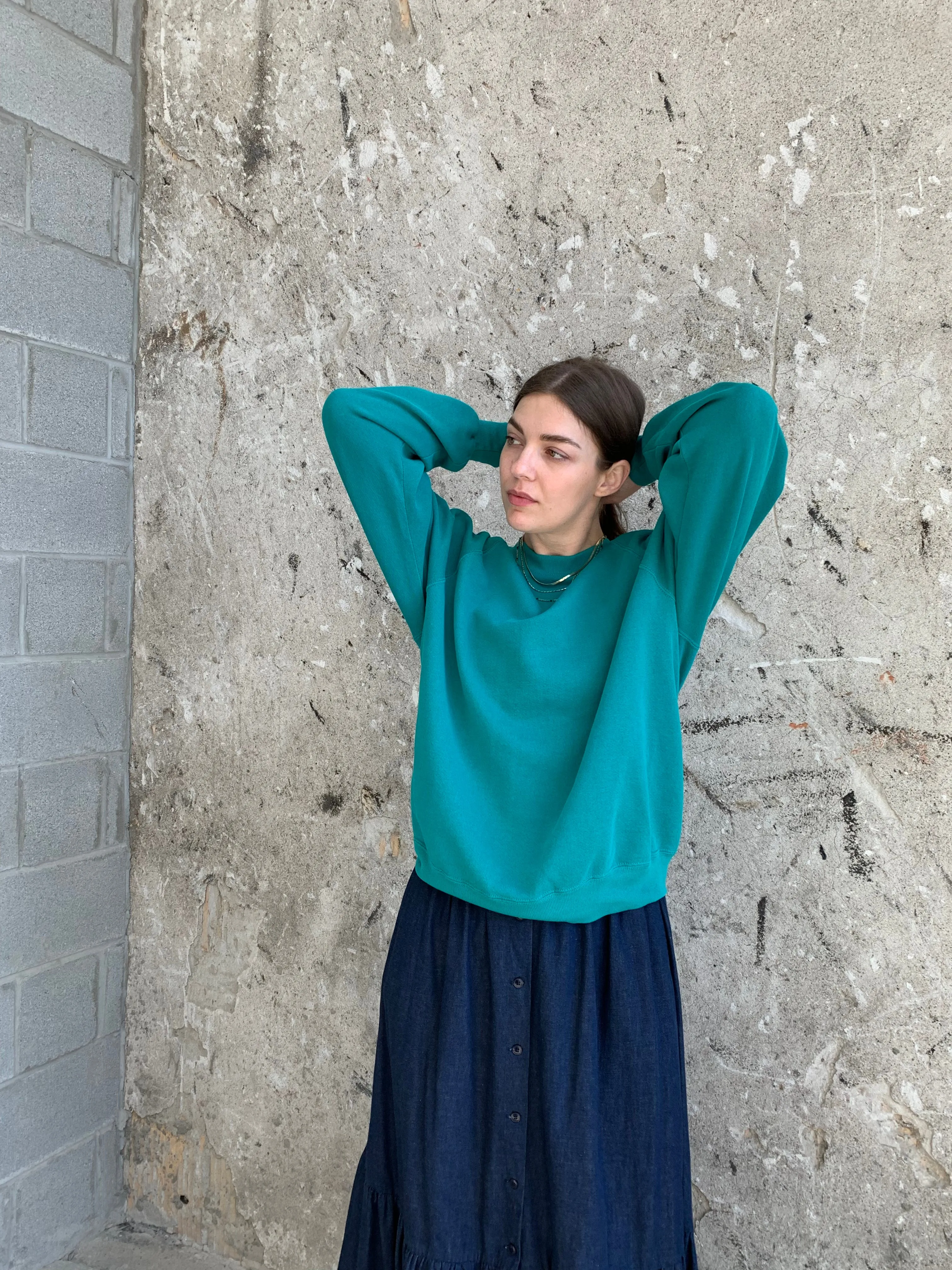 teal crew neck sweatshirt